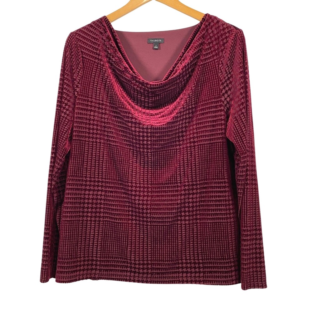 Talbots Womens Houndstooth velvet Cowl Neck Shirt L Red Longsleeve Old Money 90s